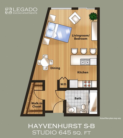 Floor plan for studio, 1 bath, 672 sqft